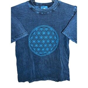 Rhea Flower of Life Petrol Blue Acid Wash Cotton T-Shirt Size Small- Festiwear